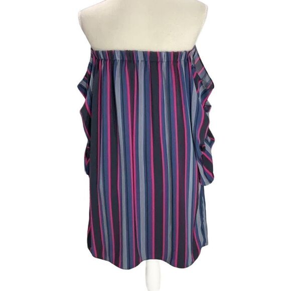 Cynthia Steffens Vertical Striped Black Blue Off The Shoulder Mini Dress Size 8 - Picture 1 of 5